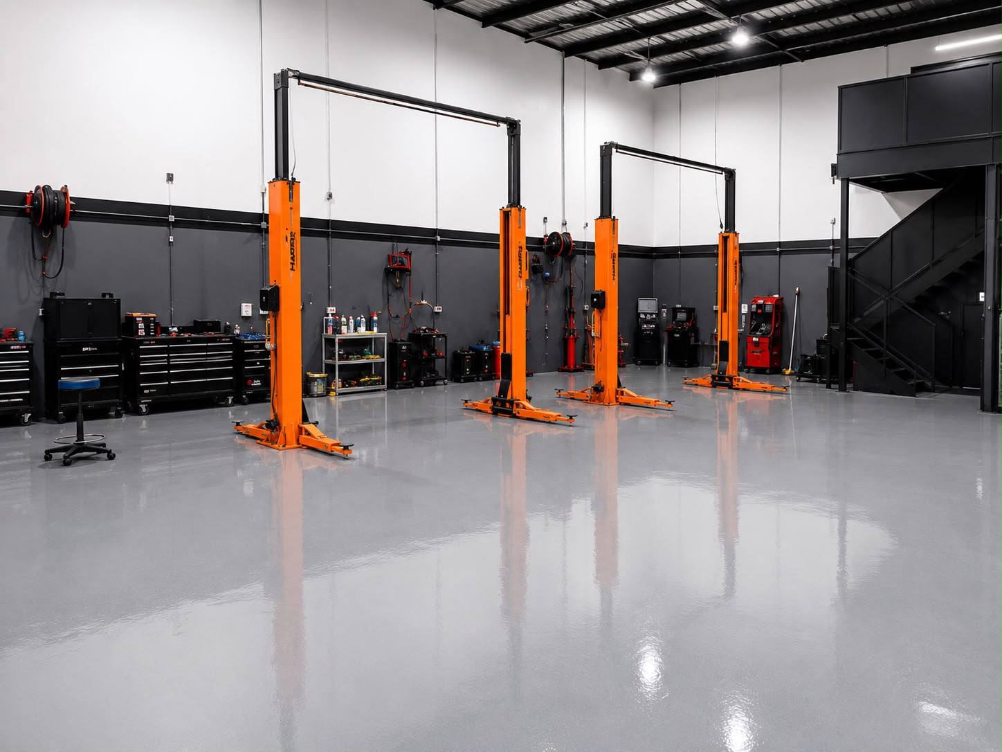 Inside the Lyne Motorsport workshop in Hoppers Crossing — four hoists and the main service bay